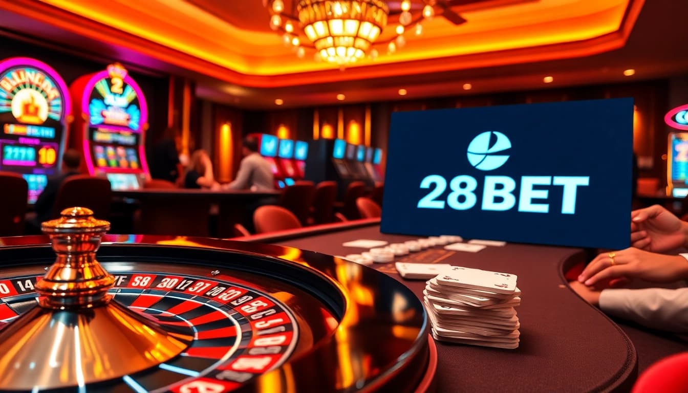 High-stakes gamblers enjoy casino games at 28BET, emphasizing excitement and luxury.