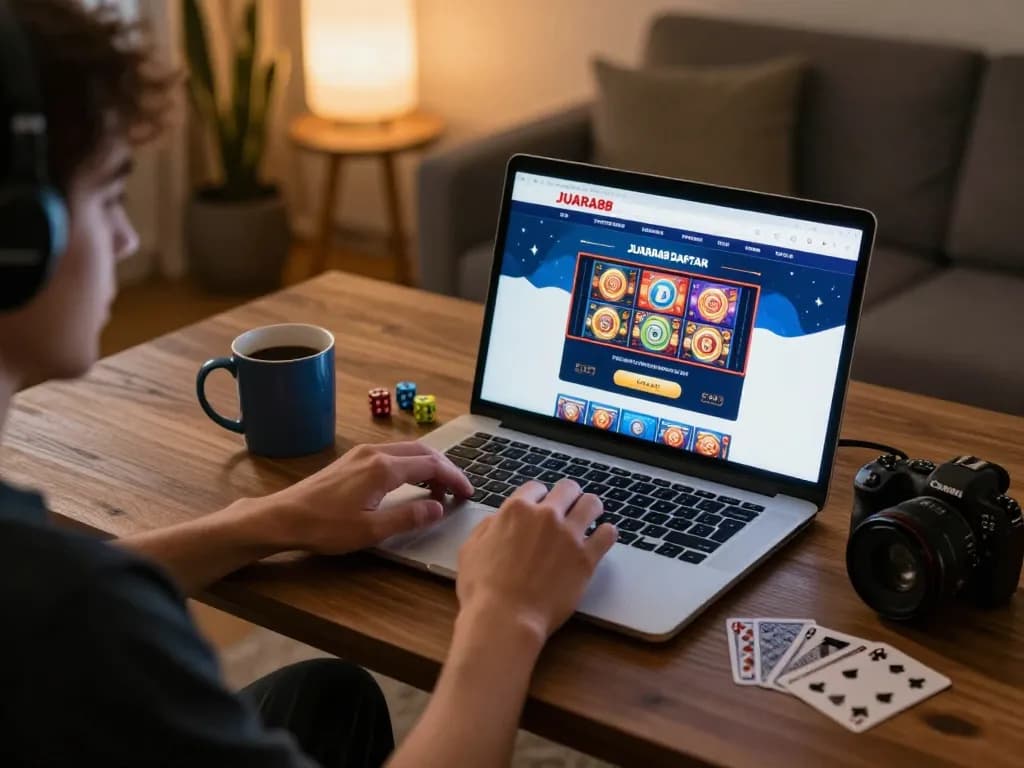 Engaging player navigates JUARA88 DAFTAR link in cozy online gaming setup, showcasing slot game excitement.