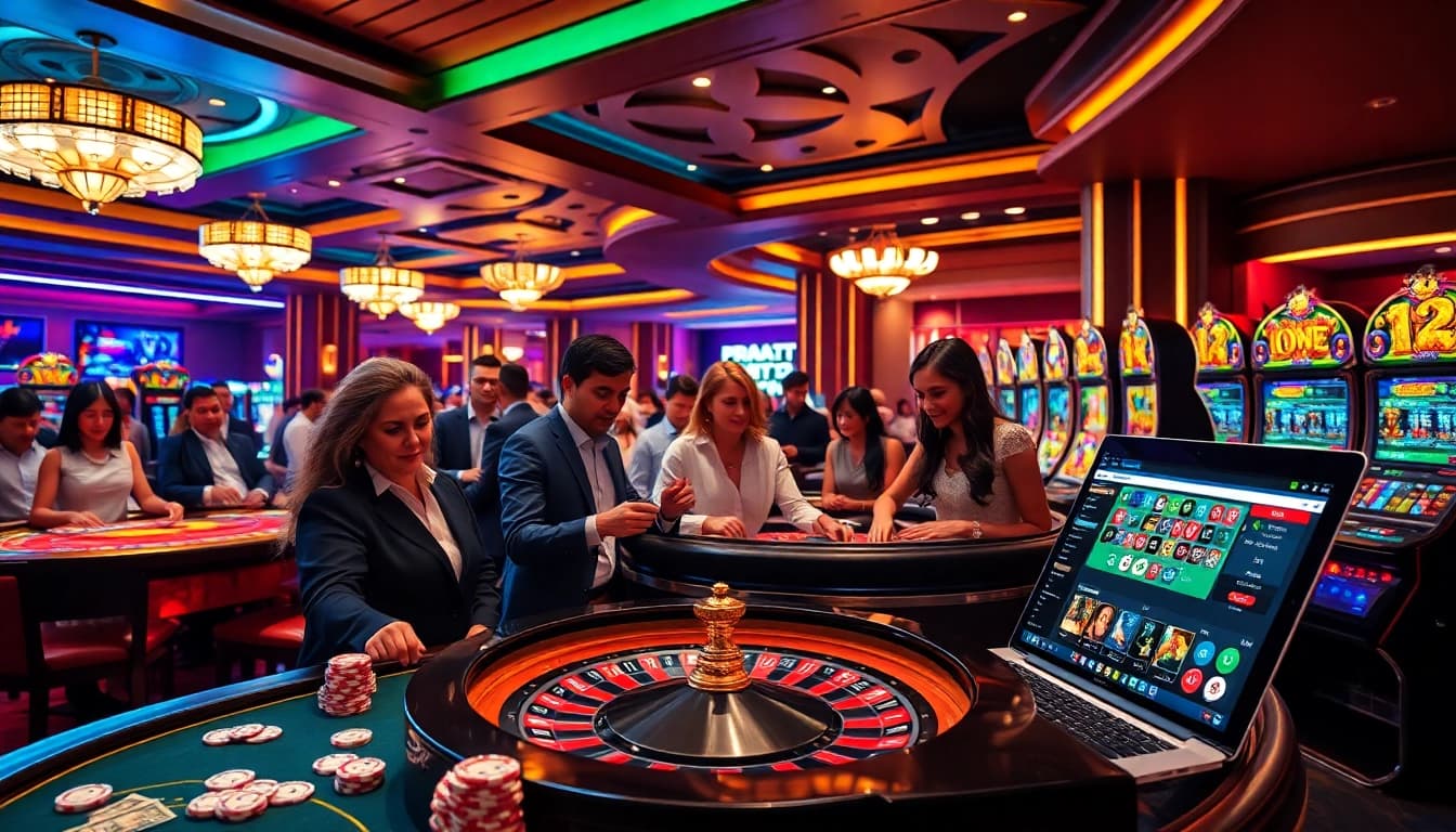 NK88 online casino enthusiasts enjoying vibrant gaming experiences at stylish tables filled with excitement.