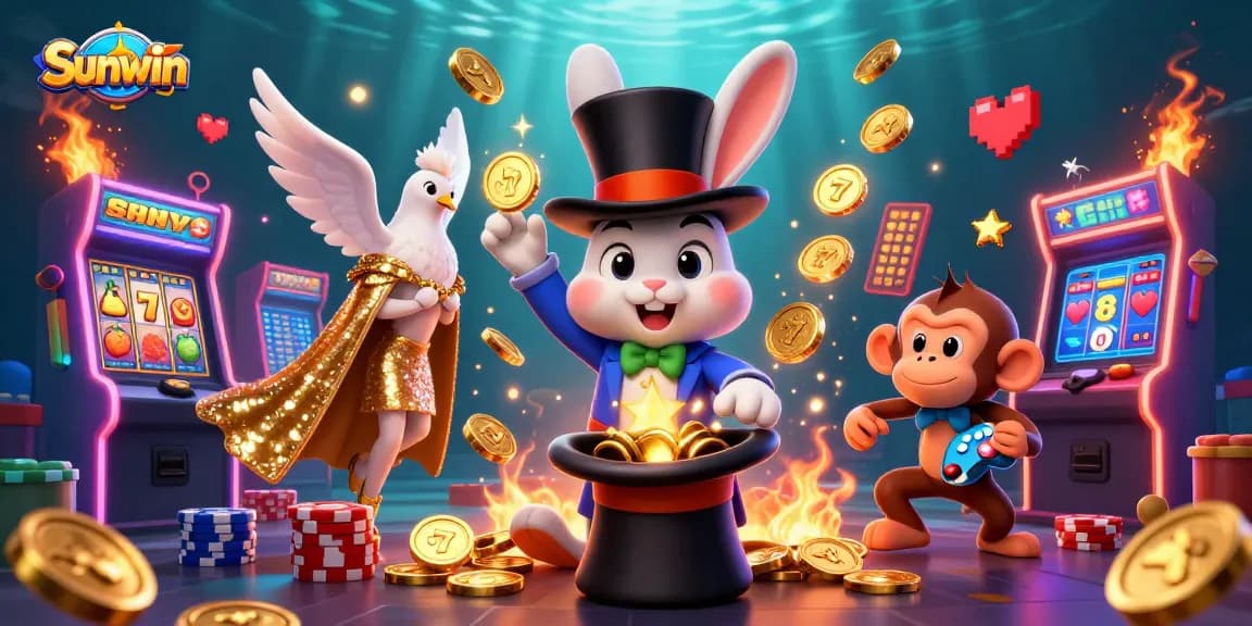 Play slots with the magician rabbit in a vibrant casino scene filling the atmosphere with excitement on Sunwin.