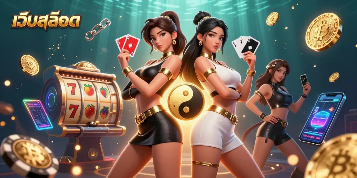 Engage with เว็บสล็อต through a powerful duo of Asian women holding vibrant playing cards amid golden casino elements.