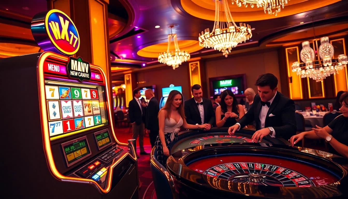 Bmw777 slot machine surrounded by excited players at a luxury casino.