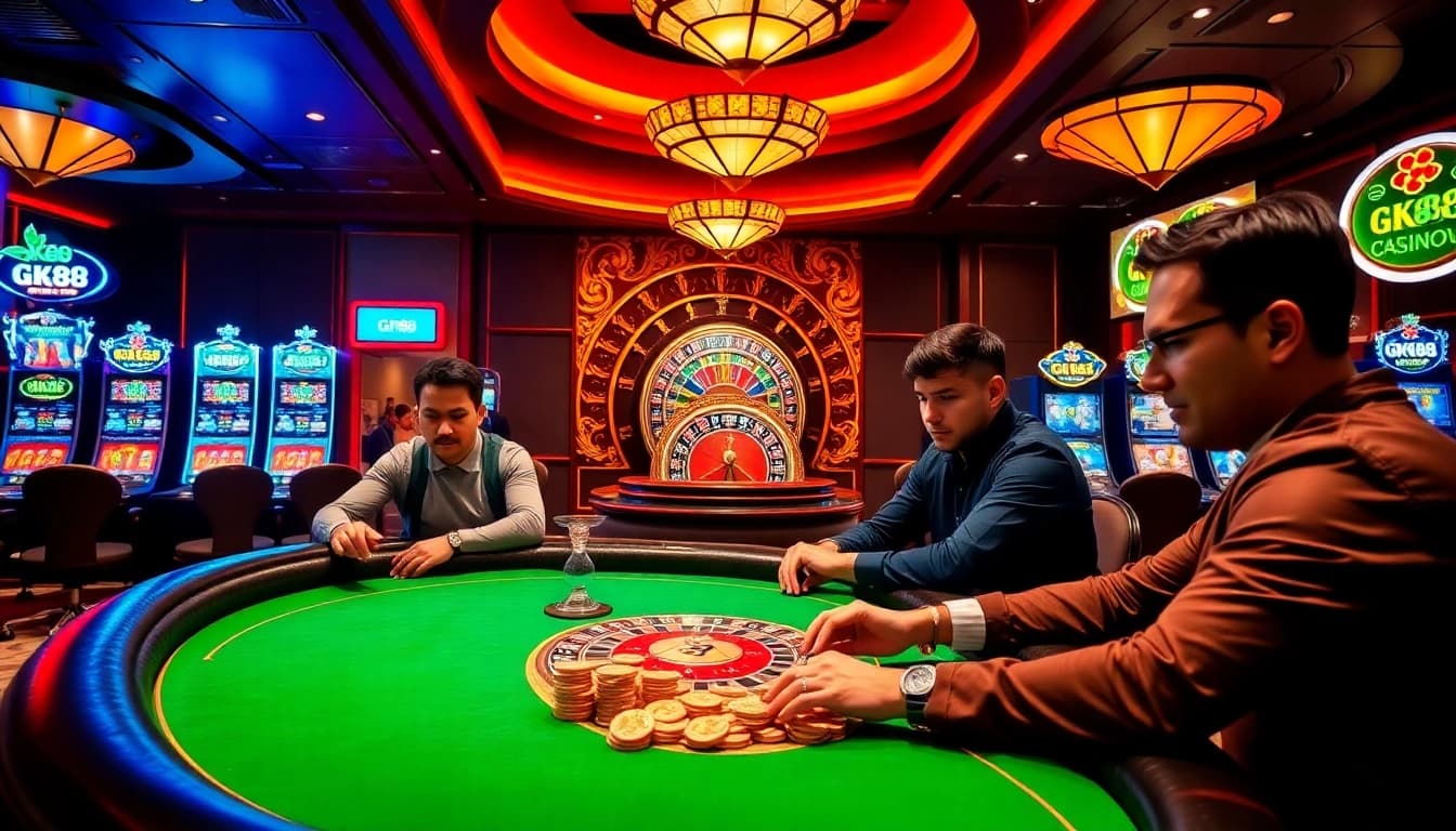 Gambling players engaged in a thrilling poker game at GK88 casino with vibrant atmosphere and luxurious tables.