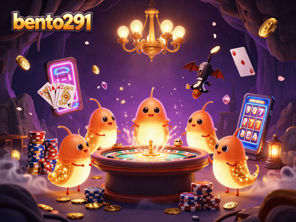 Bento291 captivates gamblers with a vibrant casino scene featuring glowing glowworms and a bat dealer.