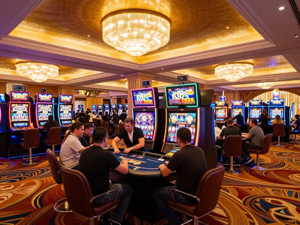 People enjoying vibrant gaming action at FC88 casino floor, celebrating wins