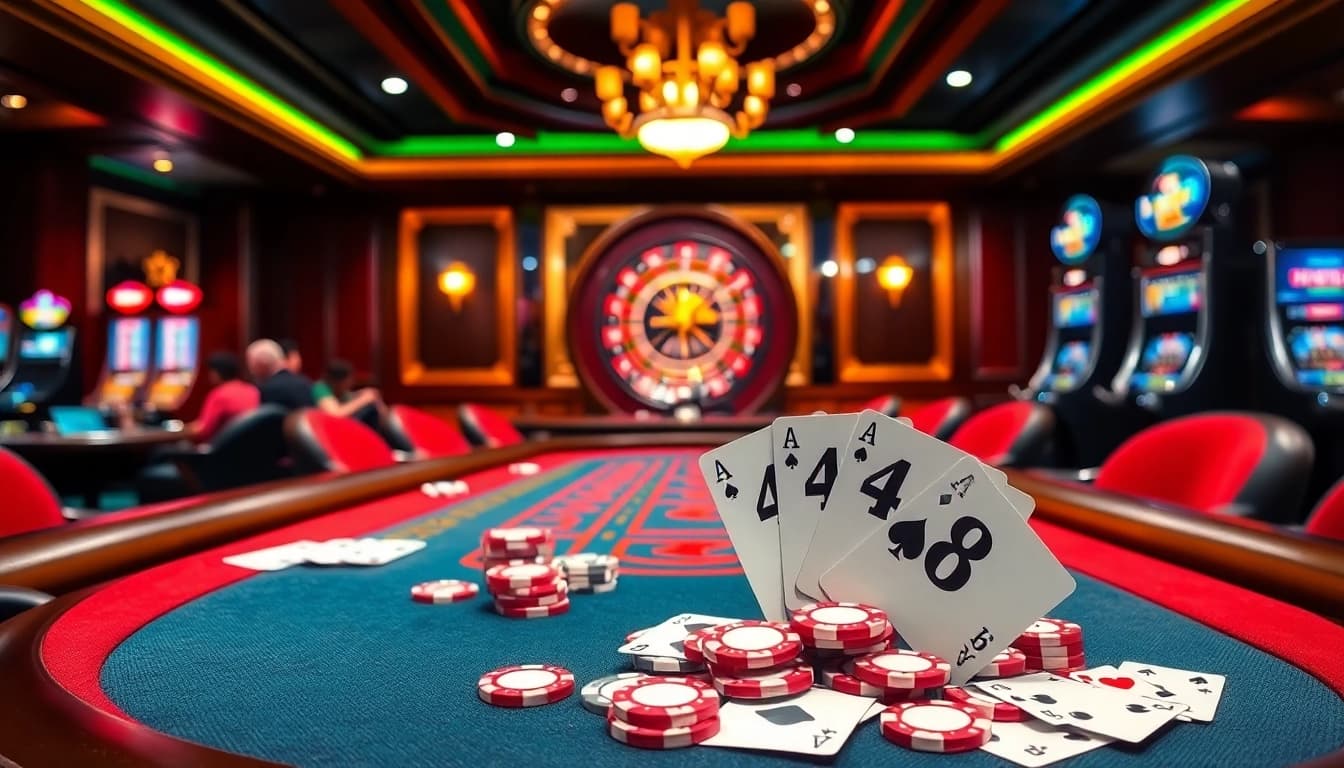 Experience the thrill of f168 gaming at a luxurious casino with vibrant tables and chips.