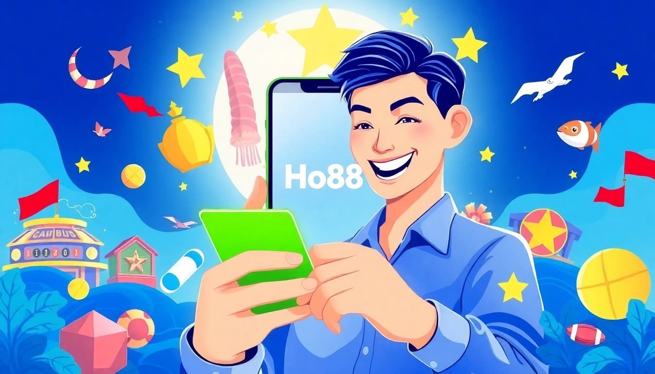 Ho88 app interface depicted with a user enjoying diverse gambling games in a vibrant setting.