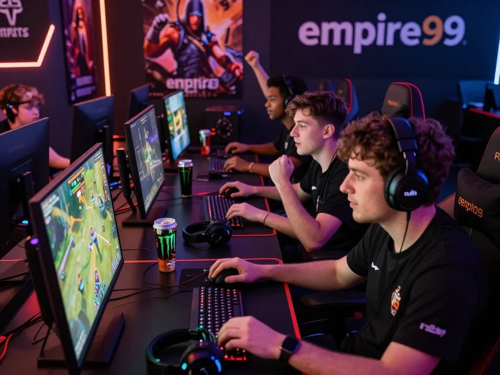 Gamers engaged in intense gameplay on the empire99 platform, showcasing lively competition and teamwork in a vibrant gaming environment.