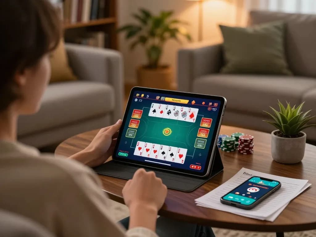 NAGA2000 user engaging in online poker game at home, showcasing strategic gameplay atmosphere.
