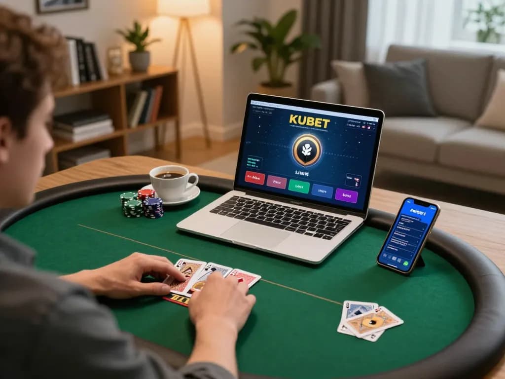 KUBET user strategizing during an intense online poker game with laptop and smartphone in stylish setting.