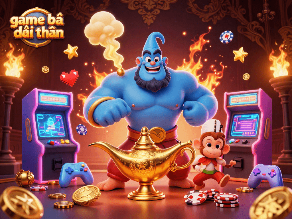 Engage in game bài đổi thưởng with a vibrant casino scene featuring a genie, monkey, and poker chips.