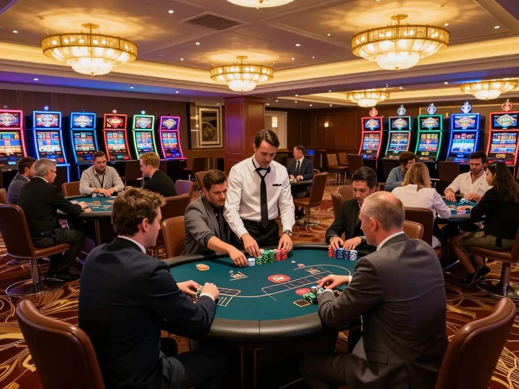 PH22 players enjoying a lively game of poker at an elegant casino, illuminated by warm chandeliers