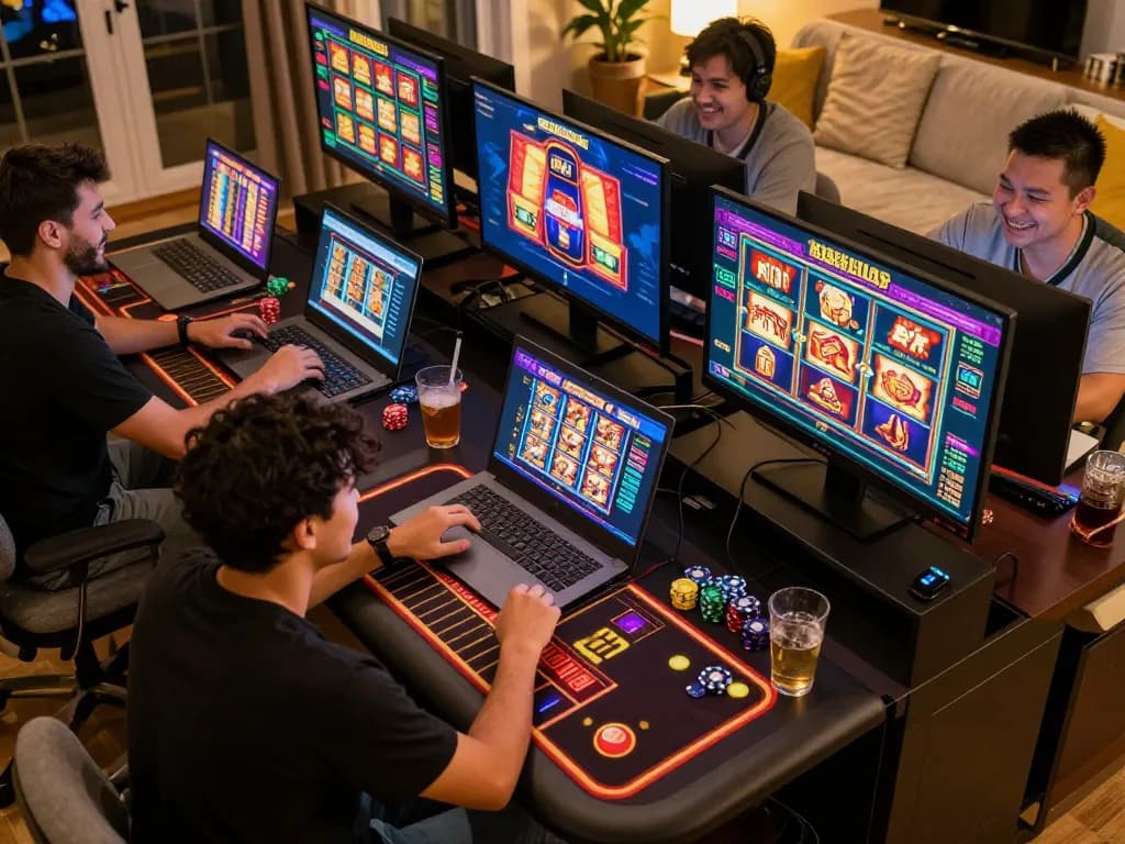 Players enjoying kdslots with vibrant gaming screens, showcasing responsible online gambling