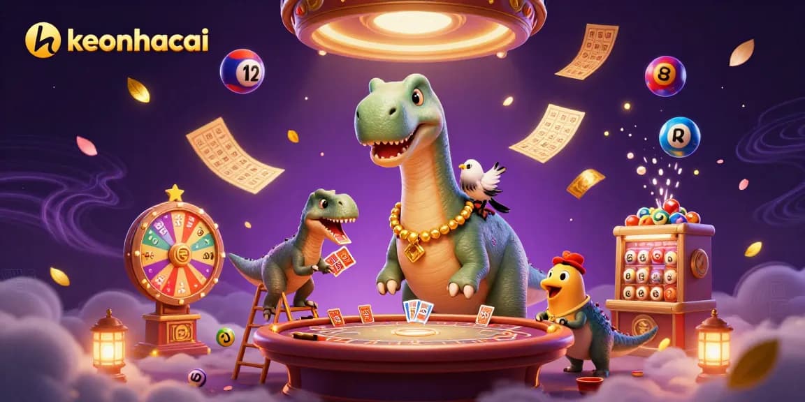 keonhacai showcases a vibrant 3D scene with a dinosaur and raptor in a dynamic casino setting.