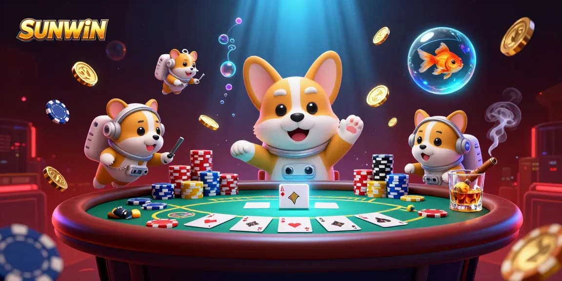 SUNWIN offers an immersive gaming experience with a vibrant 3D casino scene featuring dynamic characters and poker elements.