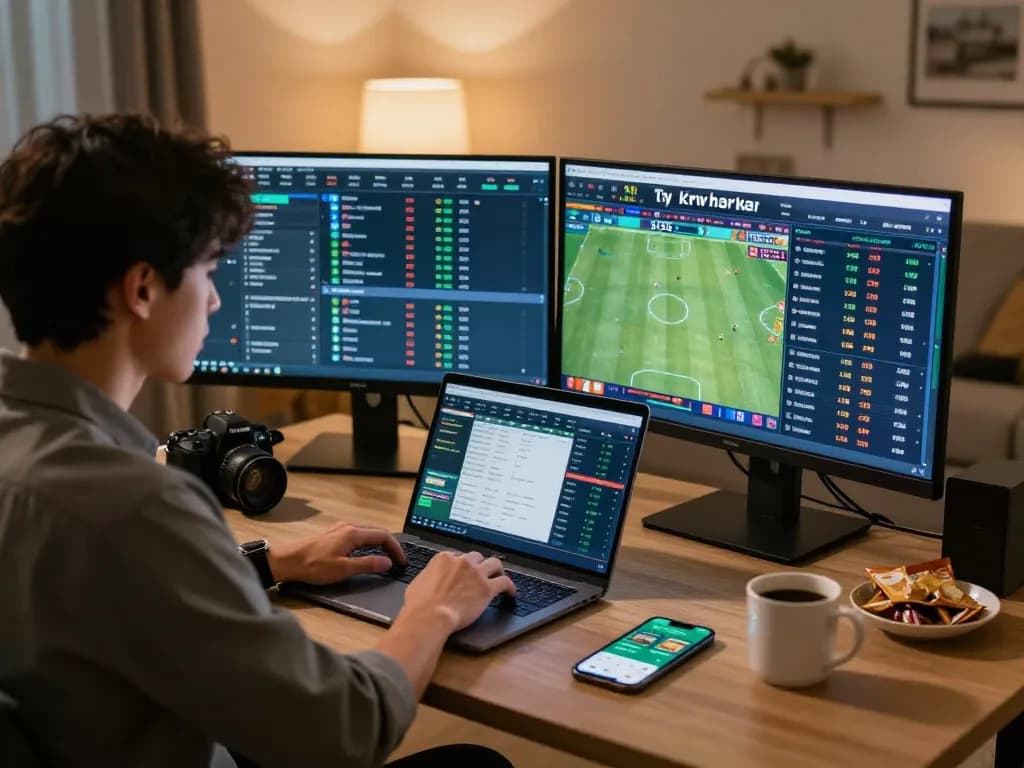 Engaging sports betting analysis featuring ty le keo nha cai on multiple screens, creating a strategic home environment
