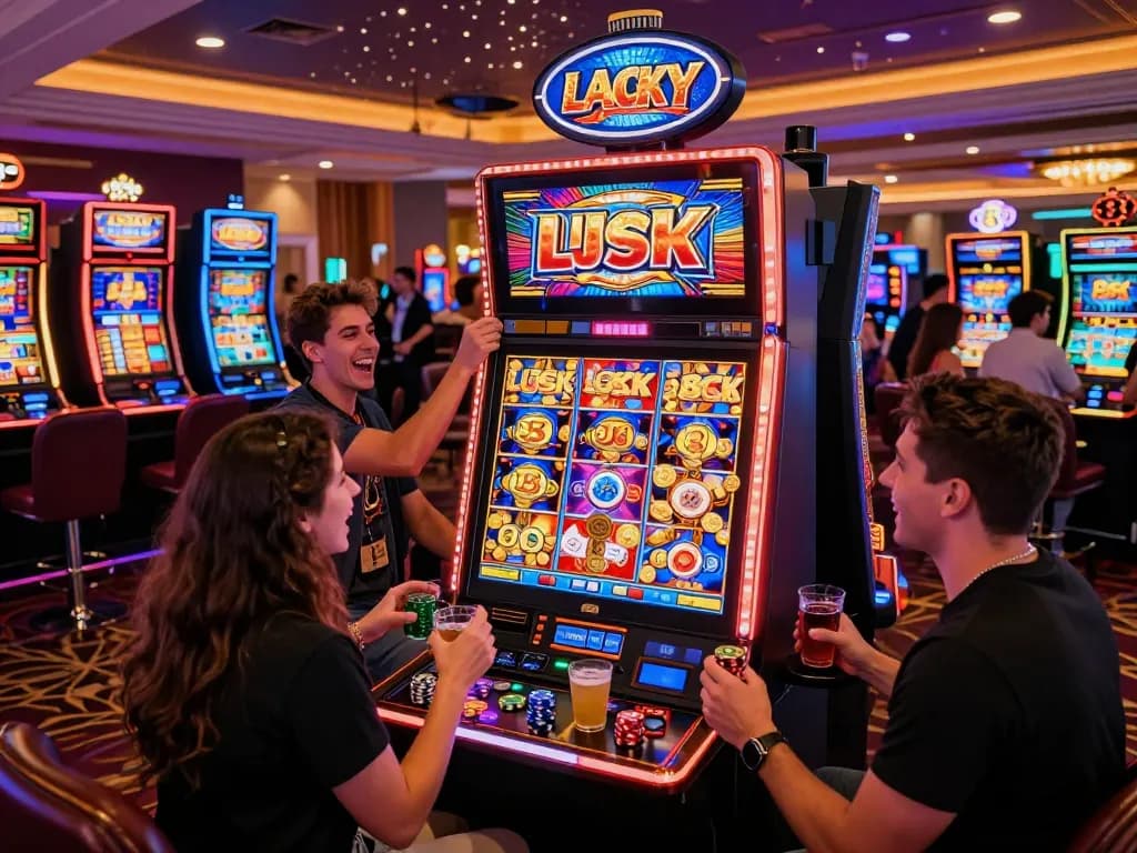Friends celebrating a win at Lucky 88 slot machine in a vibrant casino environment.