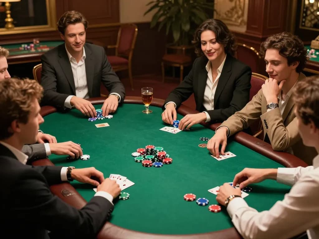 Friends enjoying a poker game at VNLOTO, showcasing vibrant chips and a friendly atmosphere.