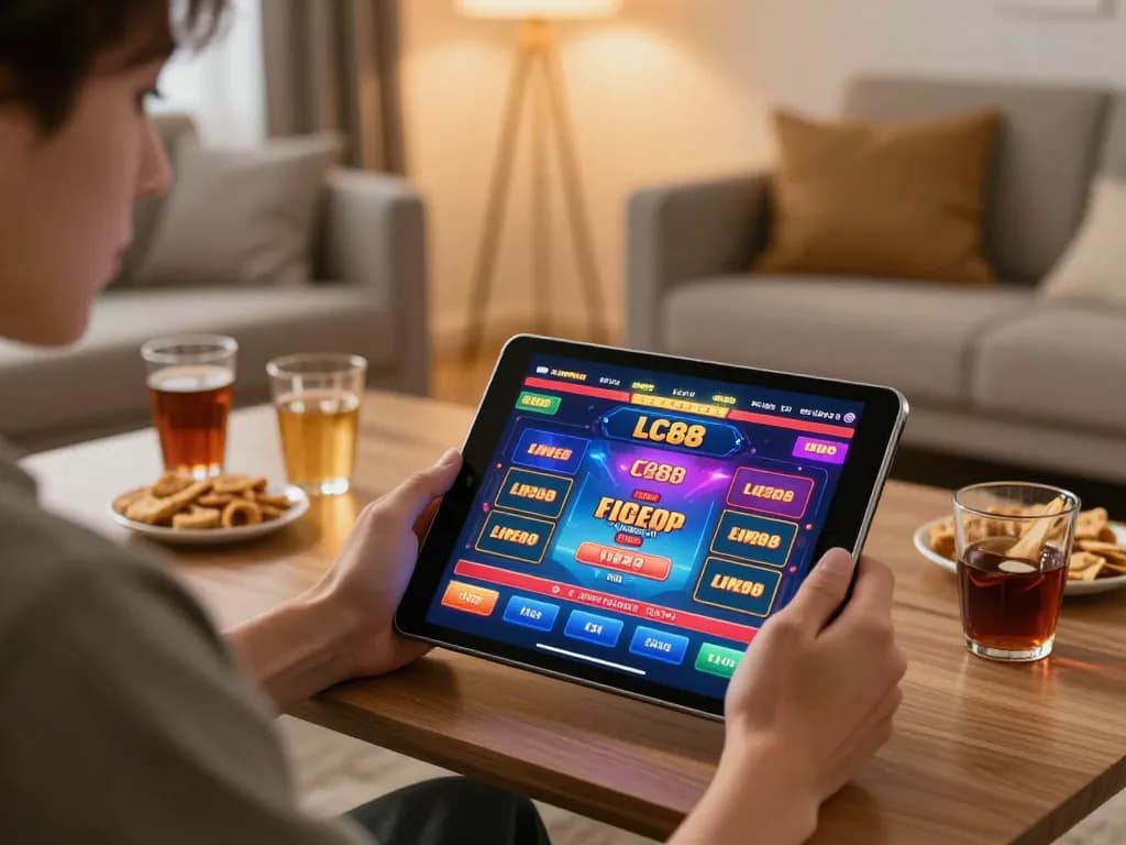 Player engaging with the LC88 casino app on a tablet in a cozy home setting.