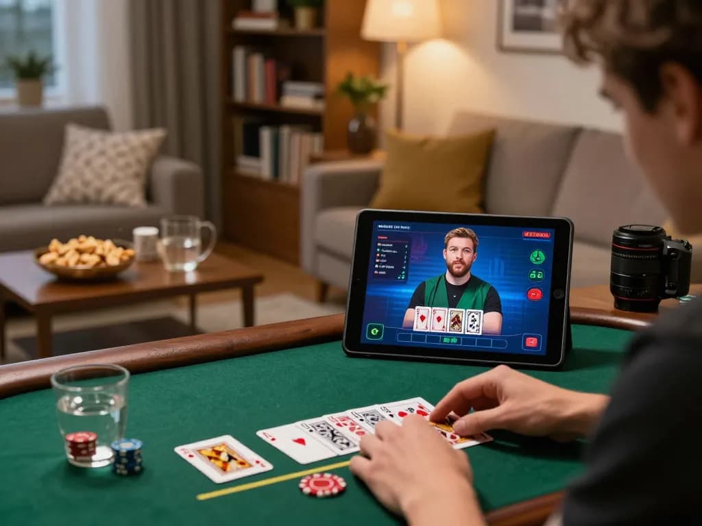 Player enjoying live dealer blackjack on LV88 tablet in cozy living room atmosphere