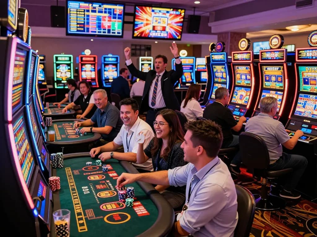 Engaging scene of players at link slot machines in a vibrant casino, celebrating wins and enjoying the electric atmosphere.