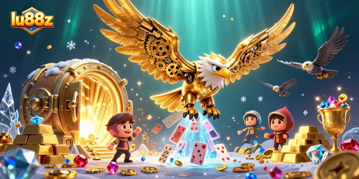 Experience the thrill of lu88z with a cybernetic eagle amidst a treasure-filled casino adventure.