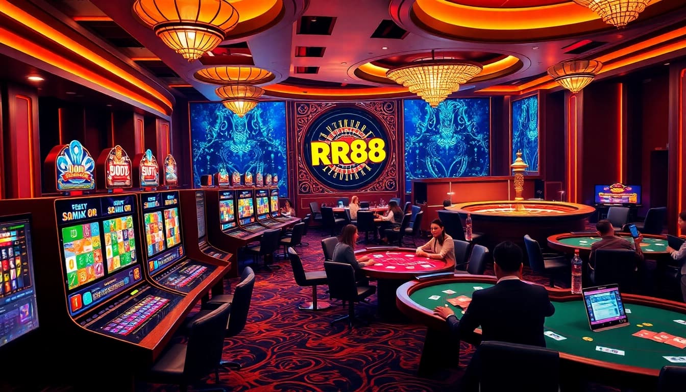 Experience RR88's thrilling online gambling atmosphere with vibrant slot machines and engaging poker tables.