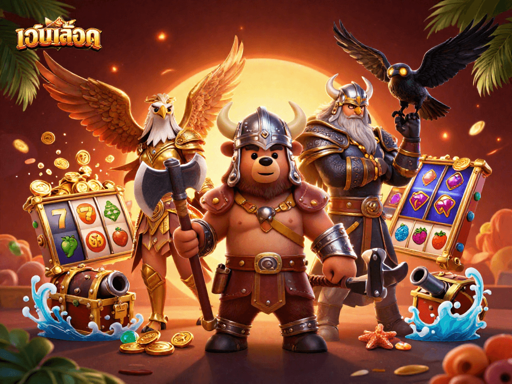 Win big with เว็บสล็อต as slot reels spin next to Viking characters and treasure.