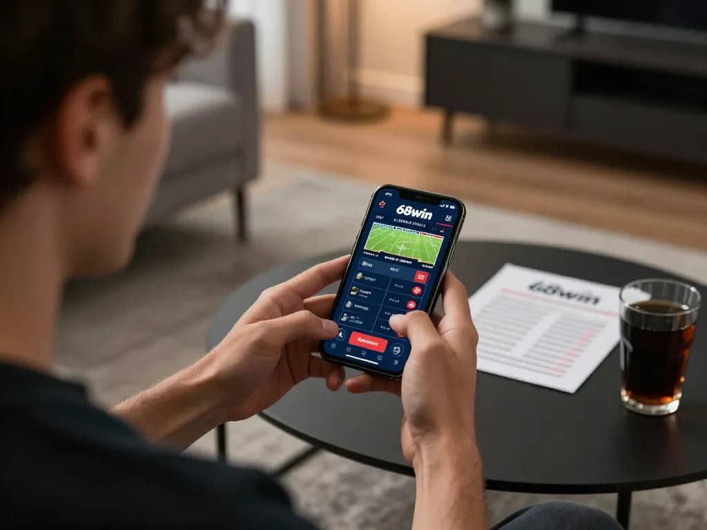Player engaging with 68win mobile app for sports betting, showcasing strategic gameplay in a modern home.