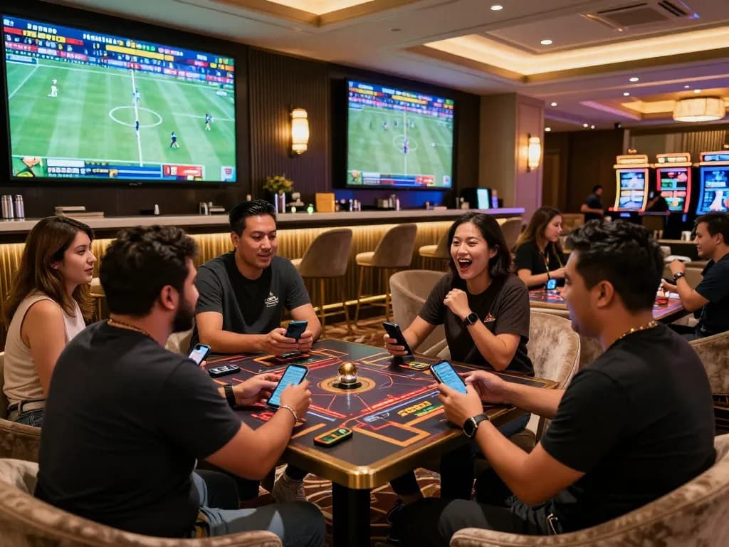 Engaged bettors using 28Bet app in upscale sports lounge during live game excitement