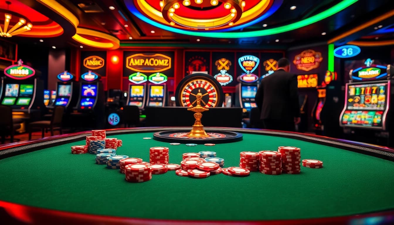 Experience the excitement of MN88 with vibrant casino visuals featuring poker, roulette, and slot machines.