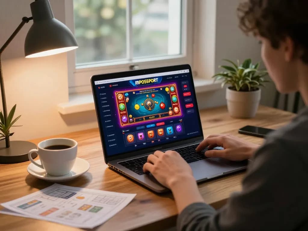 Engaging in online gaming with mposport login on a laptop, showcasing a cozy home office setup.