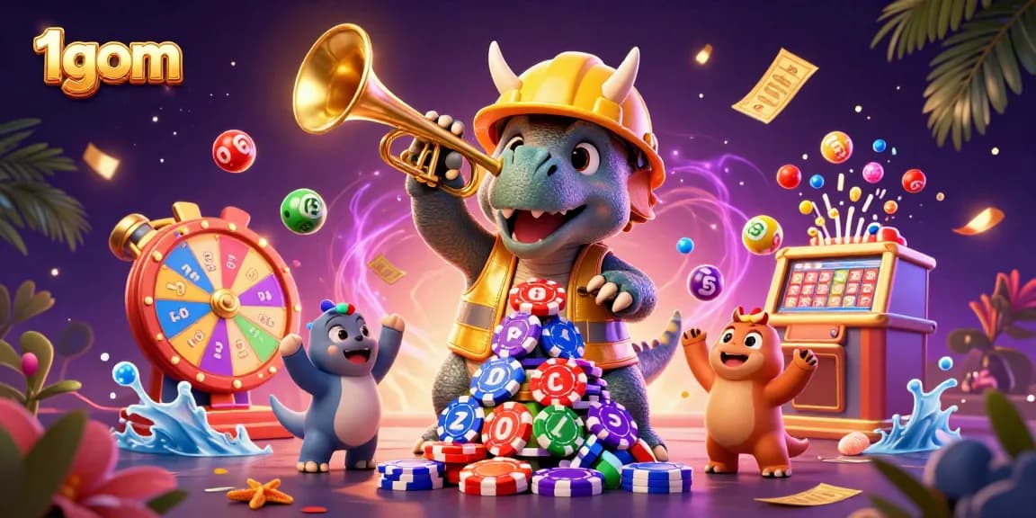 Engage with the vibrant world of 1gom as colorful fun elements surround a joyous celebration scene.