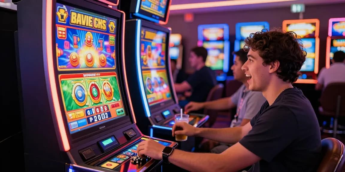 Player enjoying bonus buy slots at a lively casino, vibrant atmosphere of excitement and win potential.