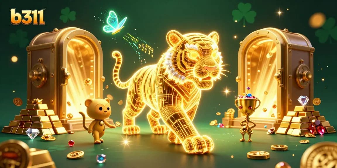 Explore a emocionante plataforma b311 com um tigre dourado em um cenário de cassino digital.