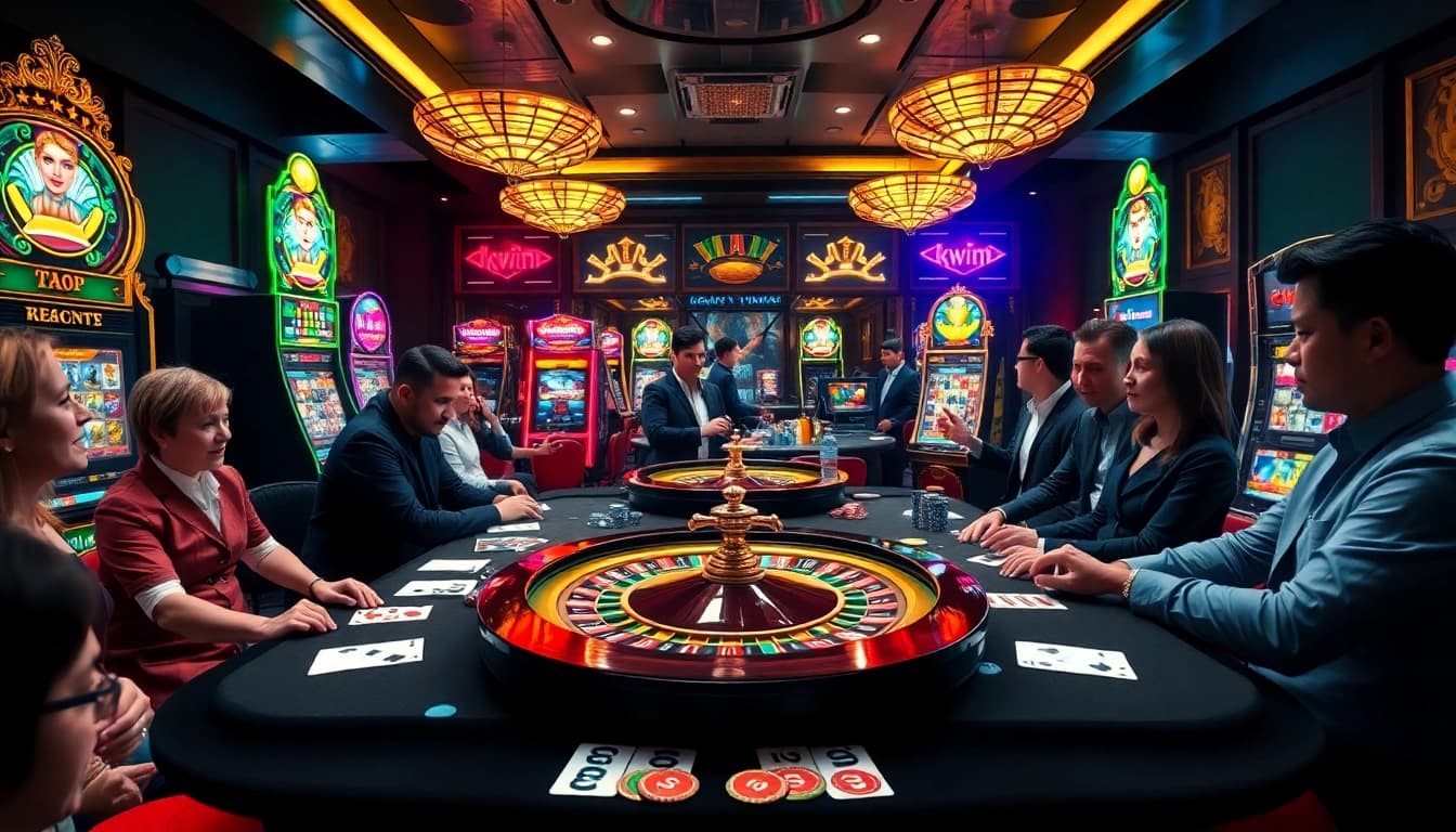 Engaging players at a luxury Kkwin casino table, featuring poker chips and a roulette wheel.