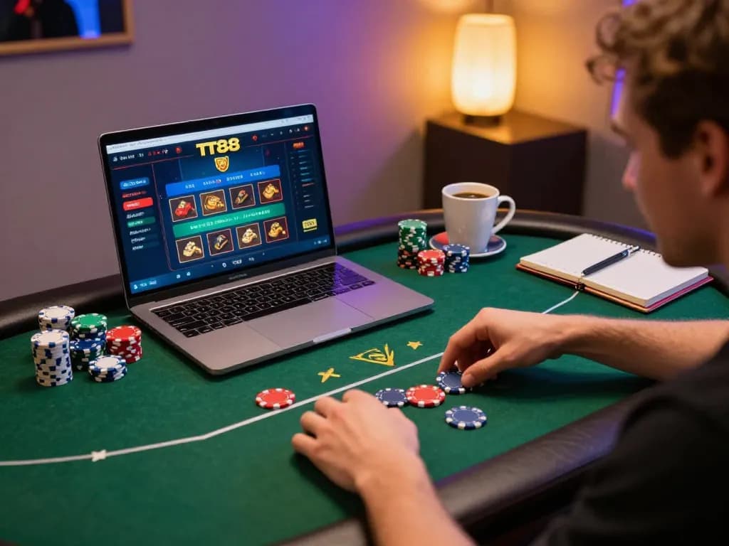 Player enjoying TT88 casino poker game on a laptop in a cozy home environment.