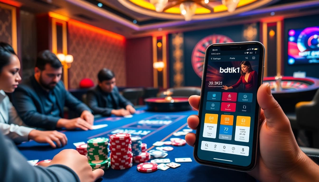 Engaging players using the bdtk1 app in a luxurious casino atmosphere with poker and roulette.
