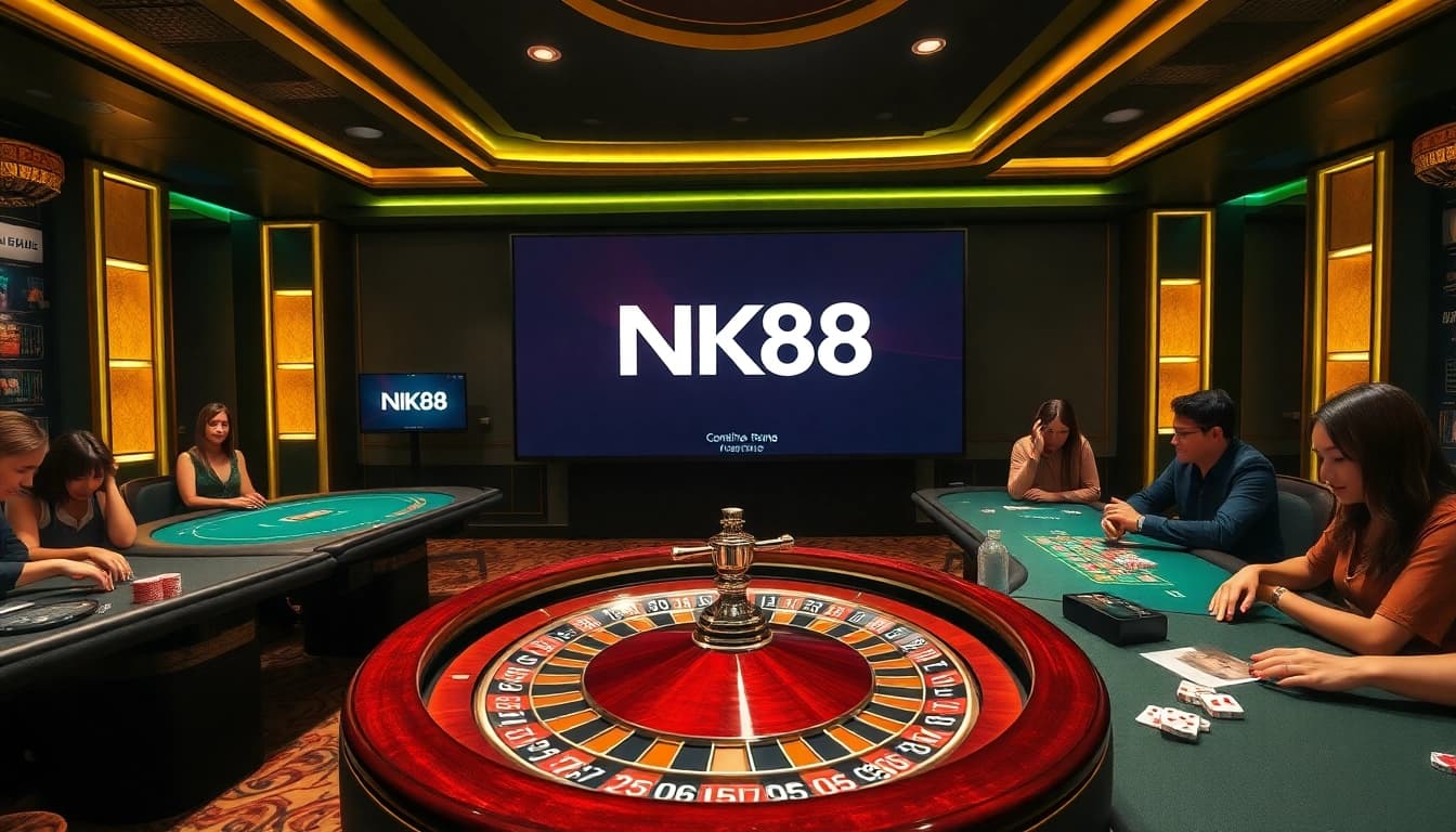 Experience luxury gaming at NK88's elegant casino with poker tables and roulette wheels.