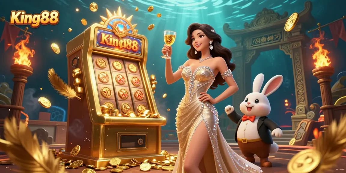 Experience exciting wins at King88 with a glamorous woman toasting beside a jackpot slot machine.