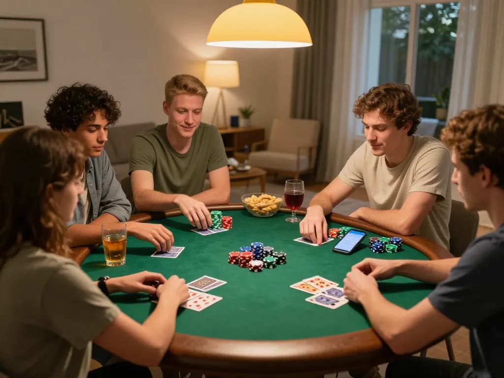 Friends strategizing during a poker night at home, capturing the essence of gincal's engaging gambling experiences.