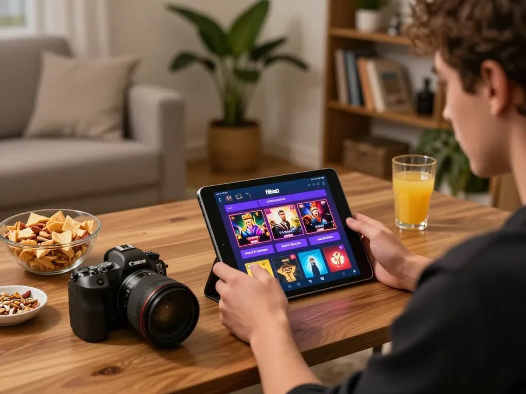 Strategic online gaming with the f8beta2 app on a tablet, cozy home atmosphere.