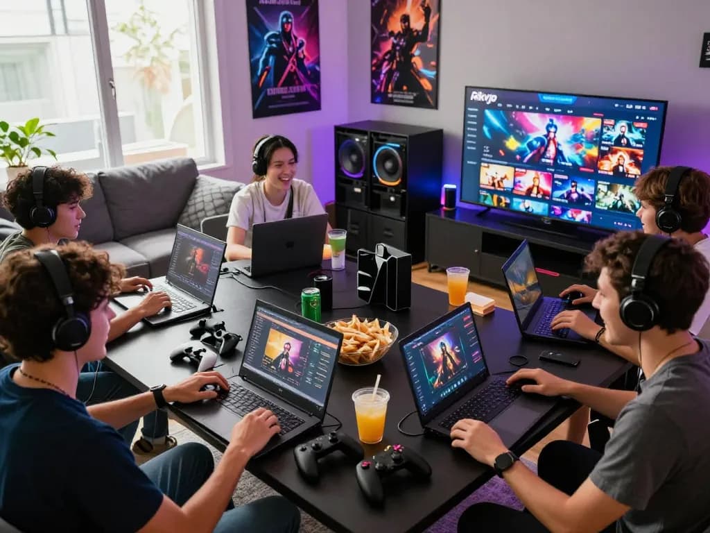 Cổng game Rikvip presented on a large TV as friends enjoy a vibrant gaming session in a modern living room.