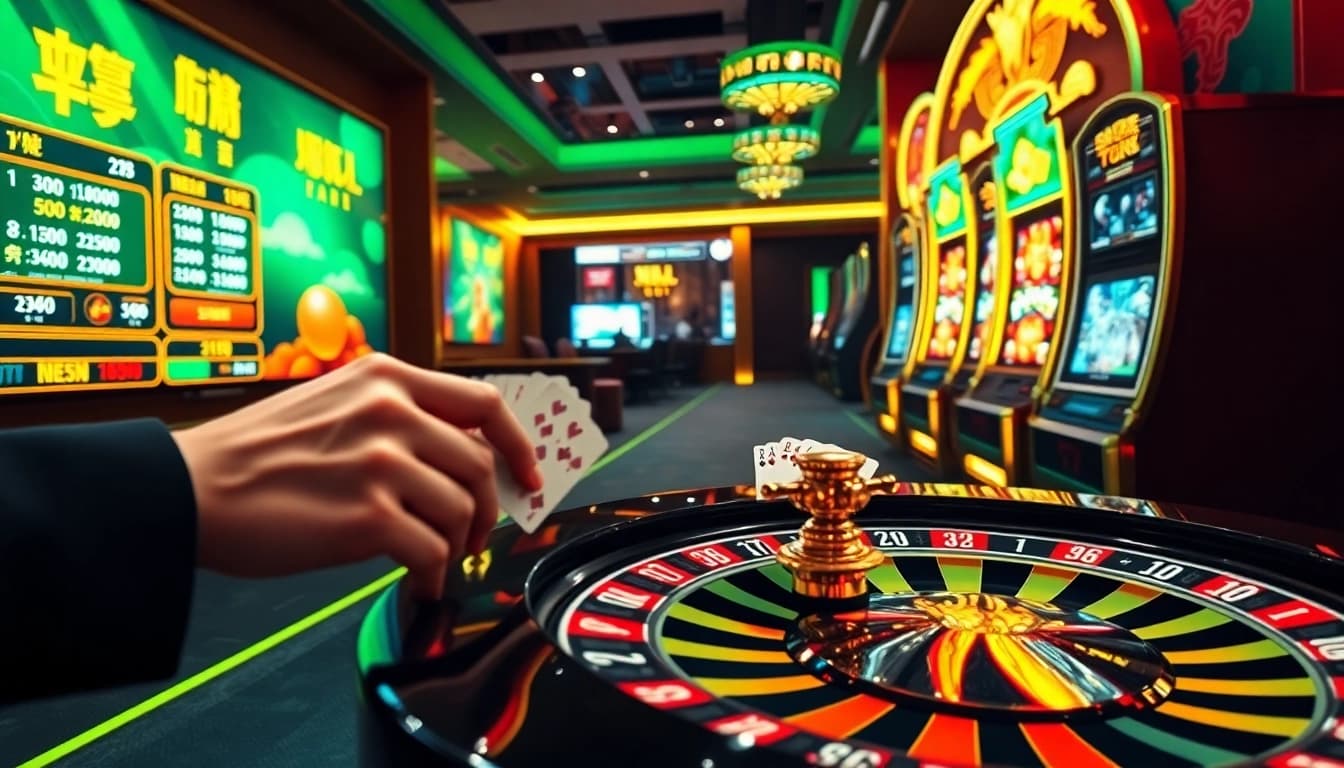 Professional gambler confidently placing bets at a vibrant Nhà cái uy tín hàng đầu châu Á casino table