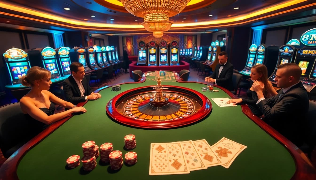 Players engaging in an exciting game at 88VV's luxurious casino, showcasing roulette and slot machines.