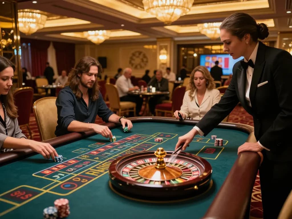 Experience thrilling roulette gameplay at RR88 with vibrant players and a spinning wheel.