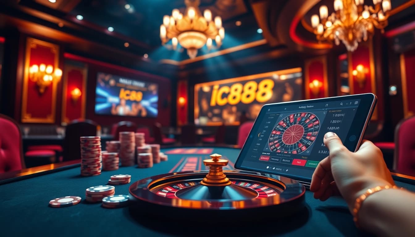 Experience the excitement of lc88 with vibrant casino elements, poker chips, and a roulette wheel in action.