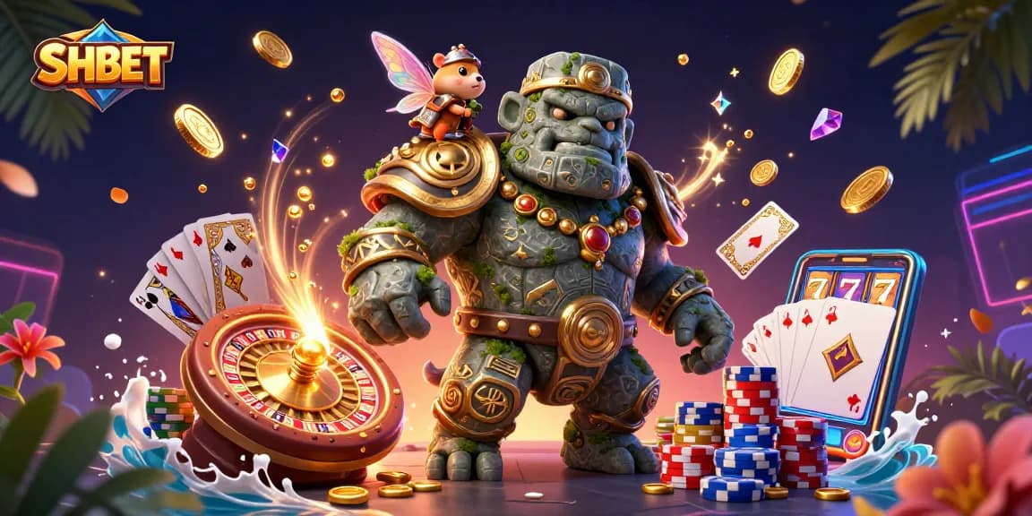 Enchanting SHBET scene with a golem, fairy, and hamster knight amidst dynamic casino elements
