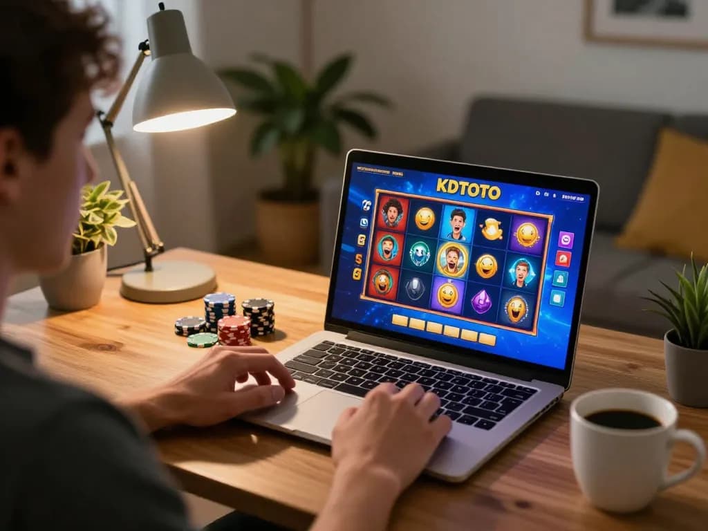 KDTOTO player enjoying online slots in a cozy home setting with engaging graphics