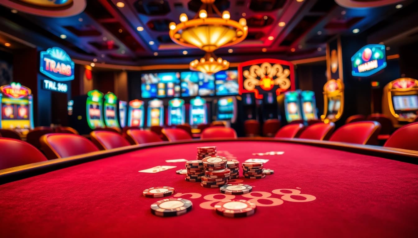 Action-packed scene at TR88 casino with vibrant poker chips and cards on elegant gaming table.